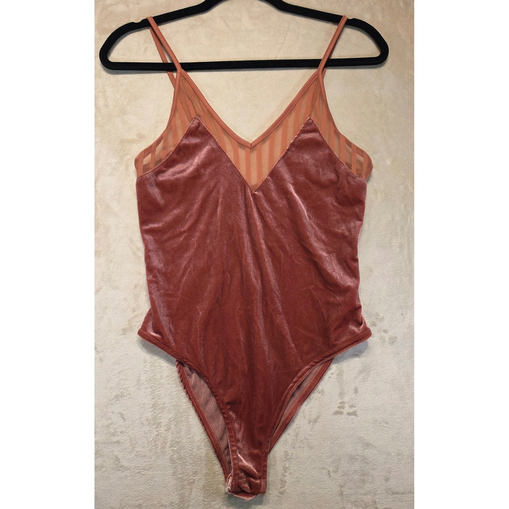 Topshop Velvet Y2k Romantic Mesh Bodysuit Dusty Rose V-Neck Snap Crotch US 6